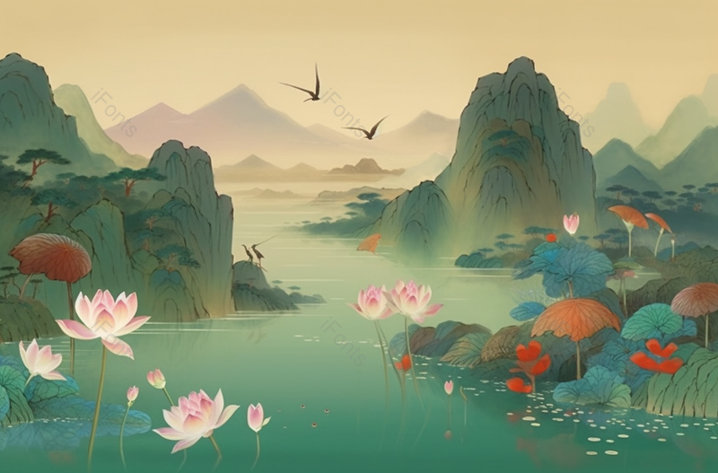 大自然下的湖面风景背景,插画/手绘图,插画/手绘图库,插画/手绘图下载,插画/手绘